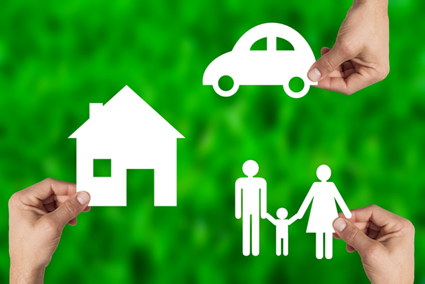 An animation of a house, car and family on a green background