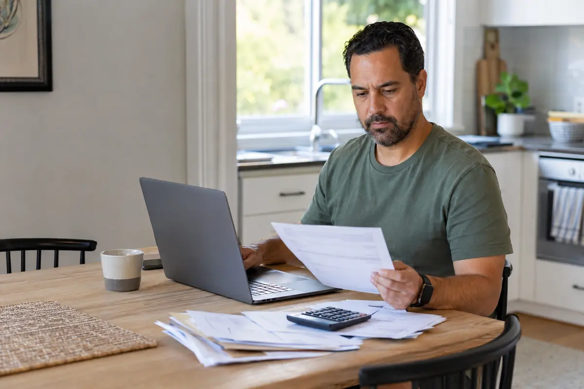 Australian customer reviewing an income statement with a household budget
